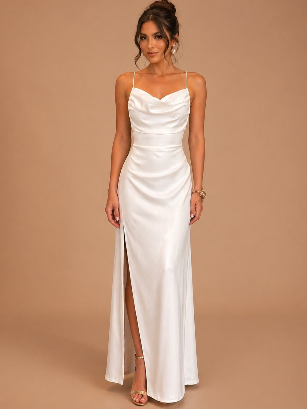 Ivory Satin Lace-up Slip Dress with Cowl Neck